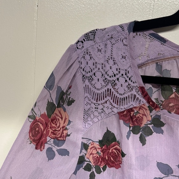 Self Esteem Lavender Floral Semi Sheer Blouse with Bell Sleeves - Picture 3 of 9